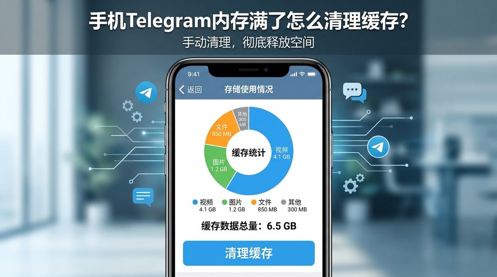 Telegram存储使用情况界面截图,显示详细的缓存统计数据饼图和清理按钮