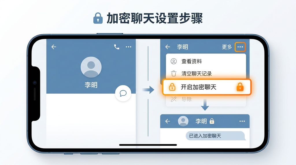 手机屏幕显示Telegram加密聊天开启界面的操作步骤演示，简洁现代风格，标注高亮显示“开启加密聊天