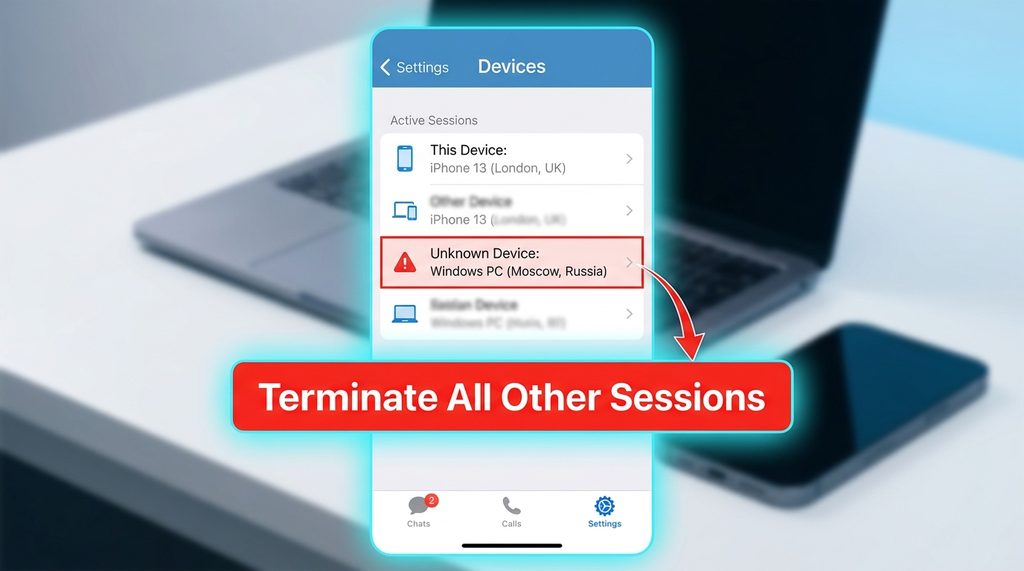 Telegram设置界面中设备管理列表,展示如何通过“终止所有其他会话”切断异常登录的截图