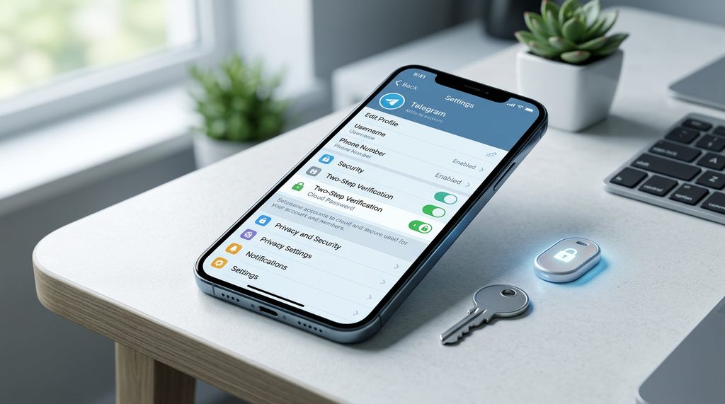 一台智能手机屏幕显示Telegram个人信息设置页面，界面简洁现代