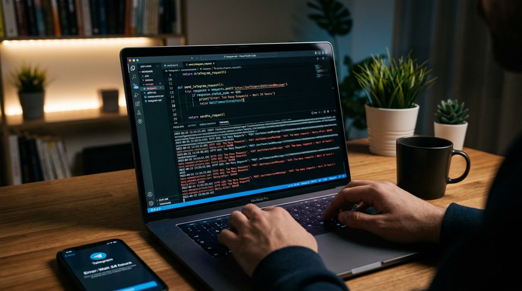 极简风格的代码编辑器，屏幕上显示着复杂的网络请求日志与报错信息