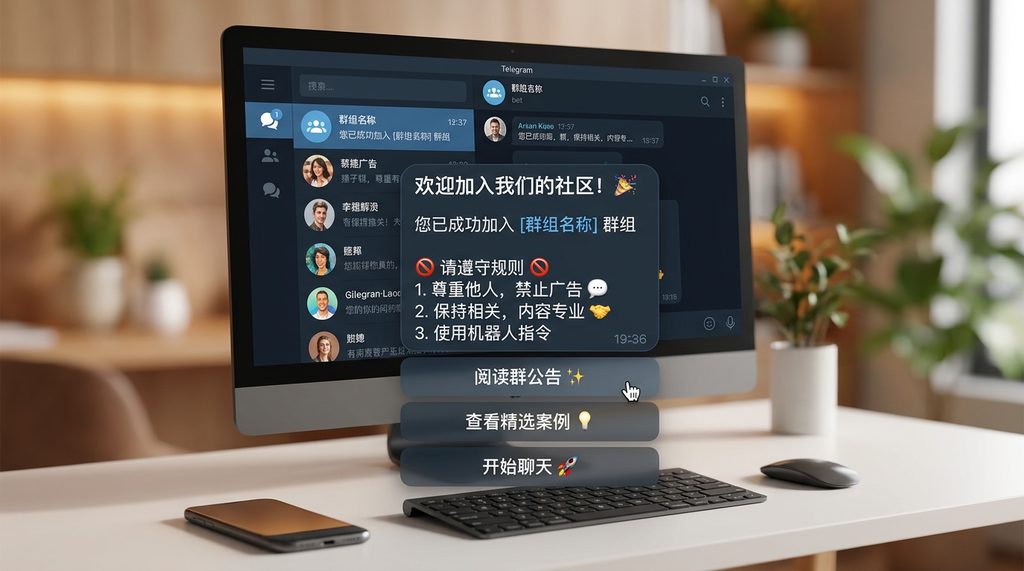 Telegram群组内，机器人自动发送带有引导链接和群规的欢迎卡片样式