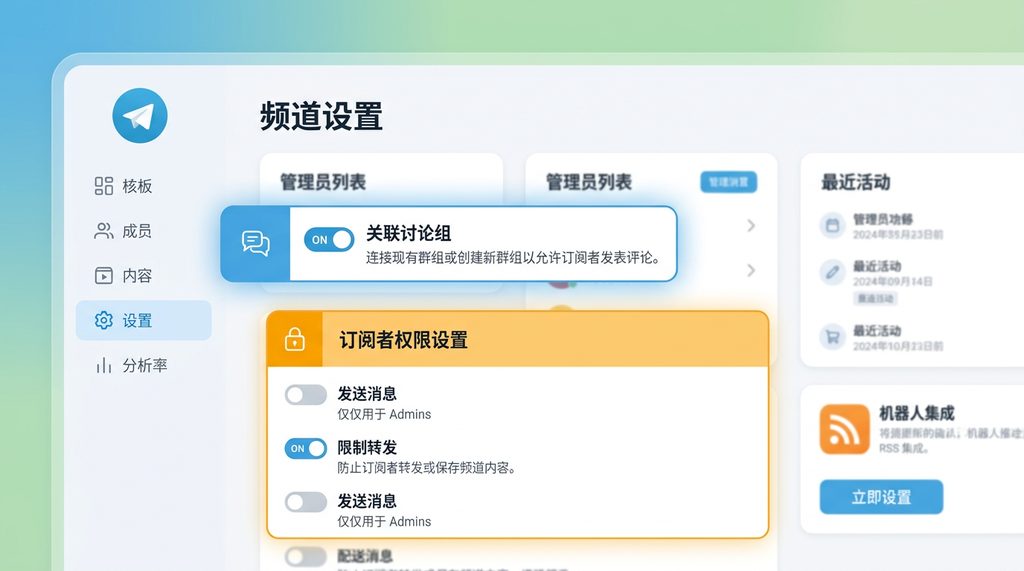 Telegram频道后台管理面板截图，高亮显示“关联讨论组”与“订阅者权限设置”区域，扁平化设计