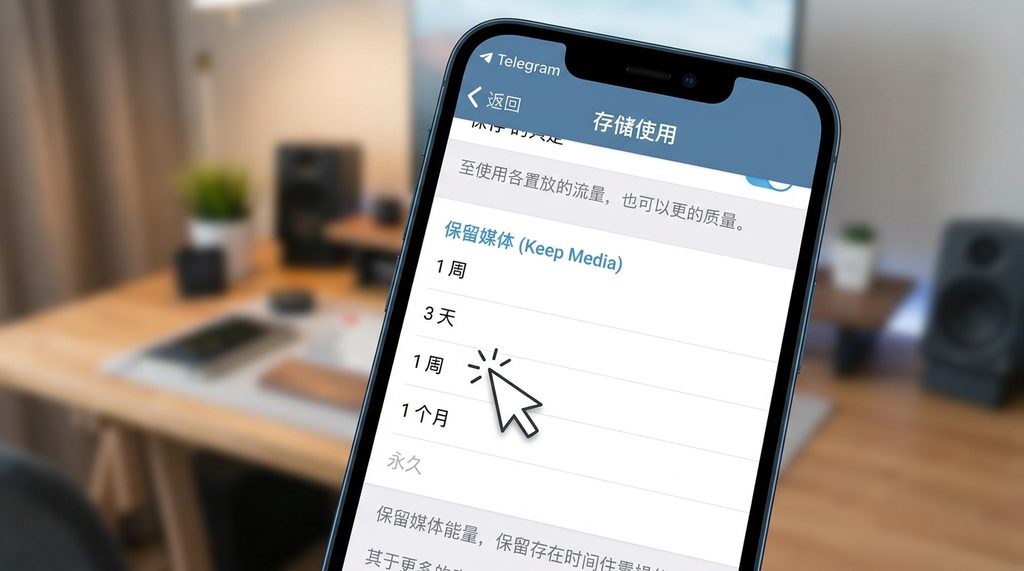 设置界面中“保留媒体”功能的选项列表,鼠标正在点击“1周”选项