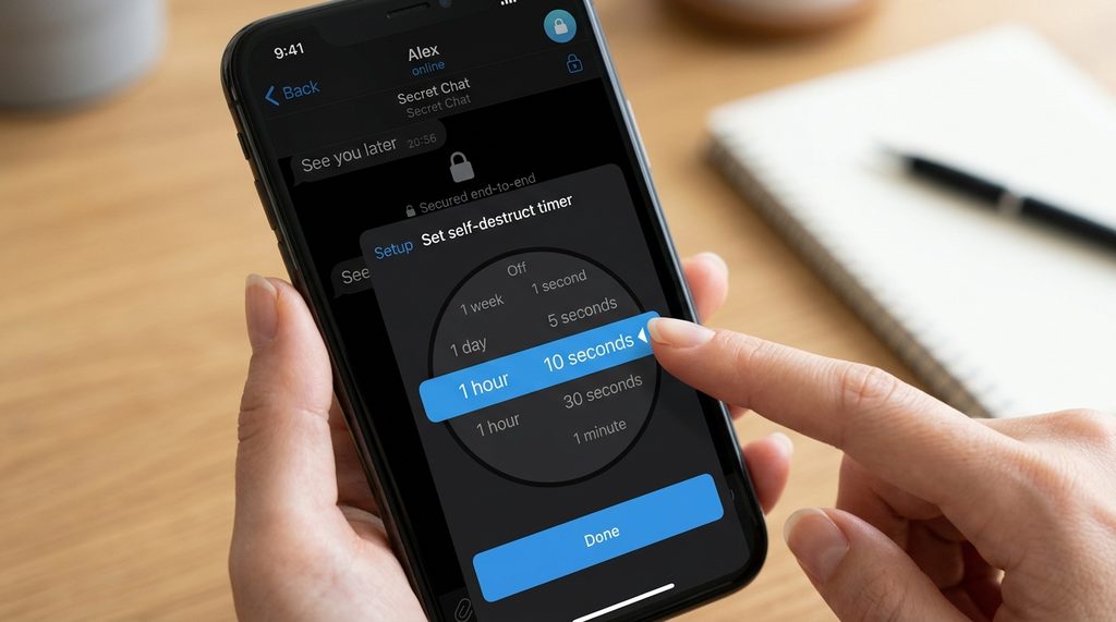 手指点击设置Telegram自毁计时器的界面截图，时间刻度轮盘清晰可见
