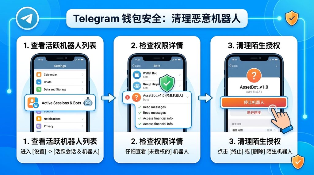 一个清晰的Telegram聊天界面,展示如何检查并清理陌生机器人权限的步骤图