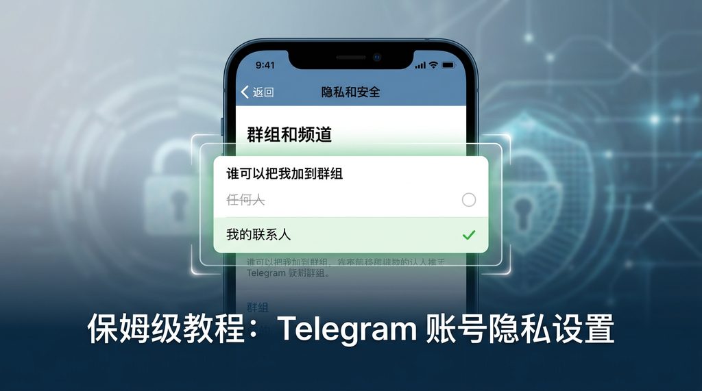 Telegram隐私设置界面截图，显示“谁可以把我加到群组”选项调整为“我的联系人”