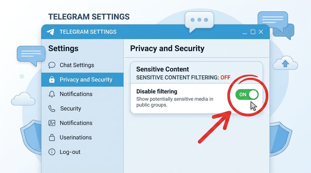 展示 Telegram 设置界面中隐私与安全选项，标注出敏感内容过滤关闭开关的示意图