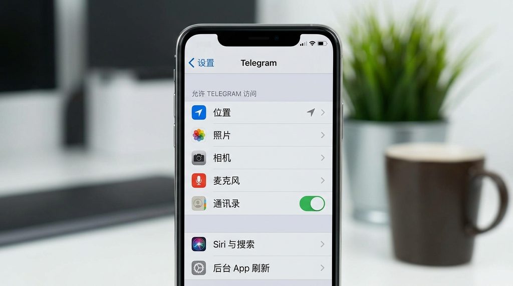 iPhone设置界面中，Telegram权限管理页面，通讯录开关处于关闭状态，风格简洁现代