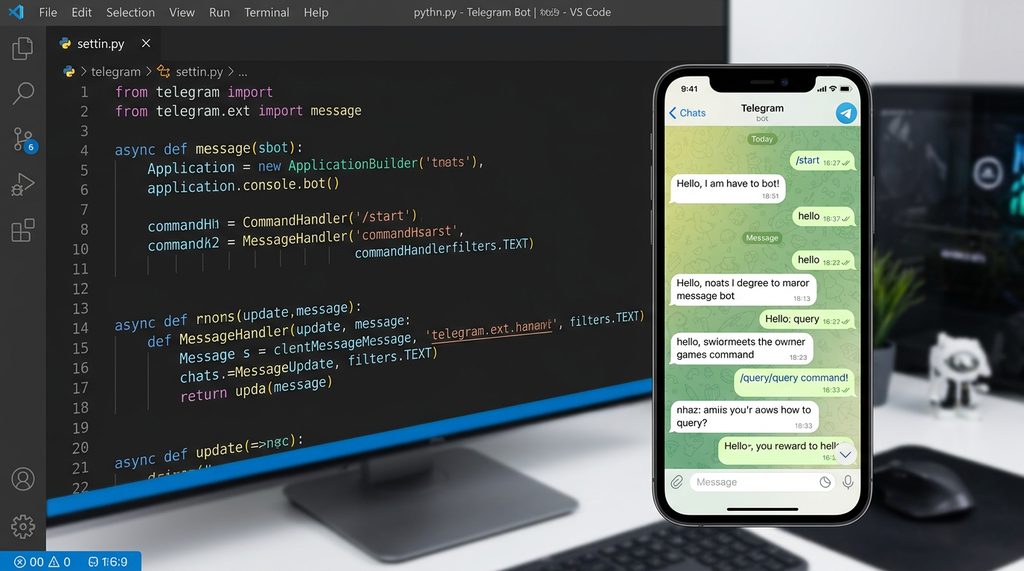 一张简洁的程序员电脑屏幕截图，左侧是 VS Code 代码编辑器，显示着 Python 异步处理 T