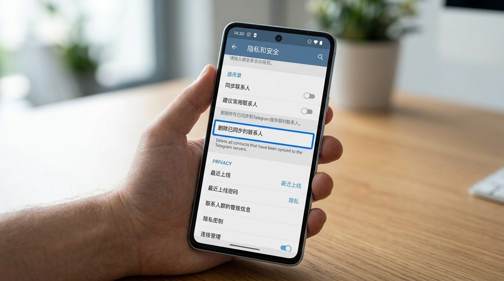 Android手机Telegram隐私设置页面，显示“删除已同步的联系人”选项的菜单，界面清晰明了