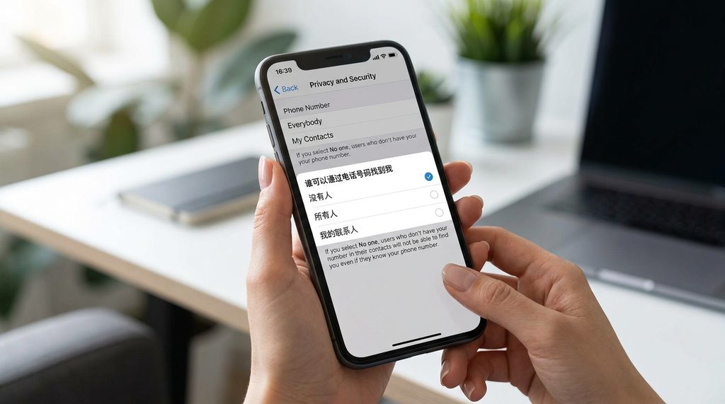 Telegram 隐私设置页面，展示谁可以通过手机号找到我的选项截图