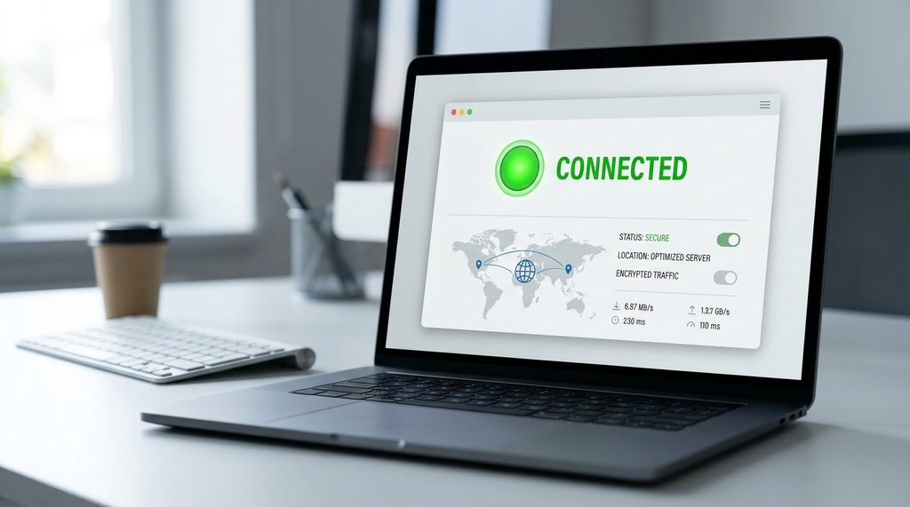 一个极简风格的电脑屏幕，显示着网络代理软件的连接界面，指示灯为绿色