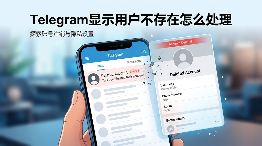 一个Telegram手机界面截图,聊天列表中显示Deleted Account,个人资料页一片空白,