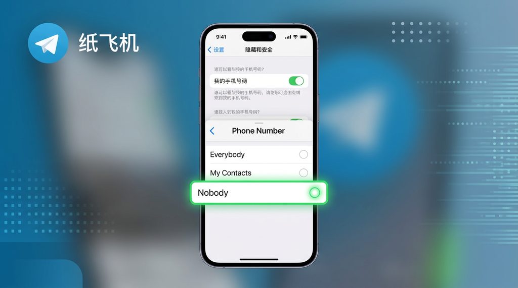 展示 Telegram 隐私设置界面的手机屏幕截图，突出显示 Phone Number 菜单及 No