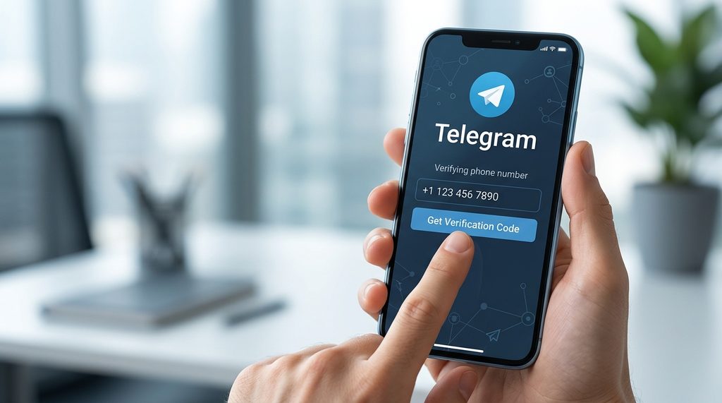 一部智能手机显示 Telegram 注册界面，手指正在点击获取验证码的按钮