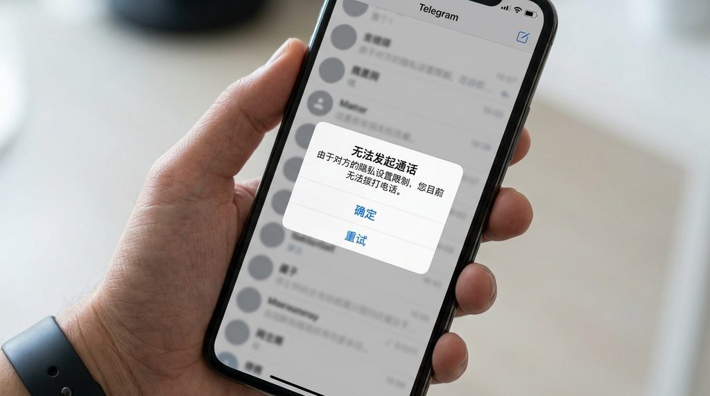 手机屏幕上显示 Telegram 通话失败的系统错误弹窗,背景为模糊的通讯录界面