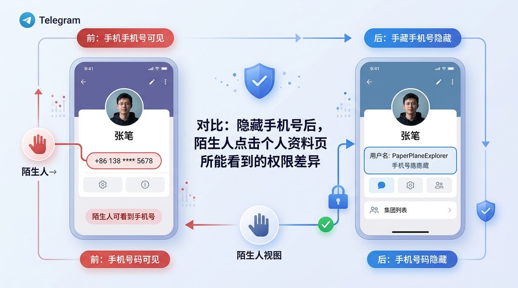 一张信息图，对比了隐藏手机号前后，陌生人点击个人资料页所能看到的权限范围差异