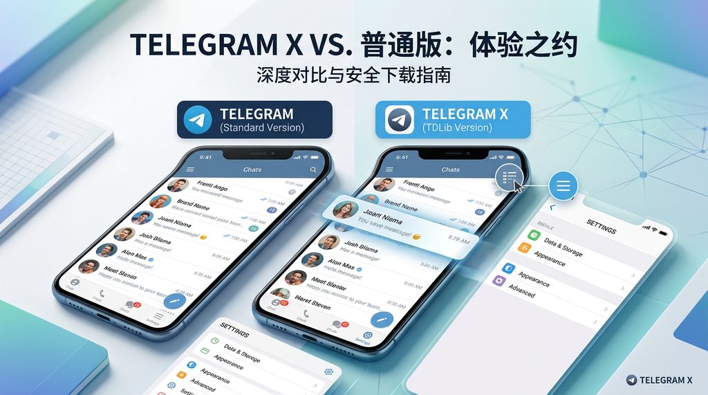 展示两款 Telegram 客户端在运行时的界面对比，侧重于 Telegram X 更细腻的动画效果