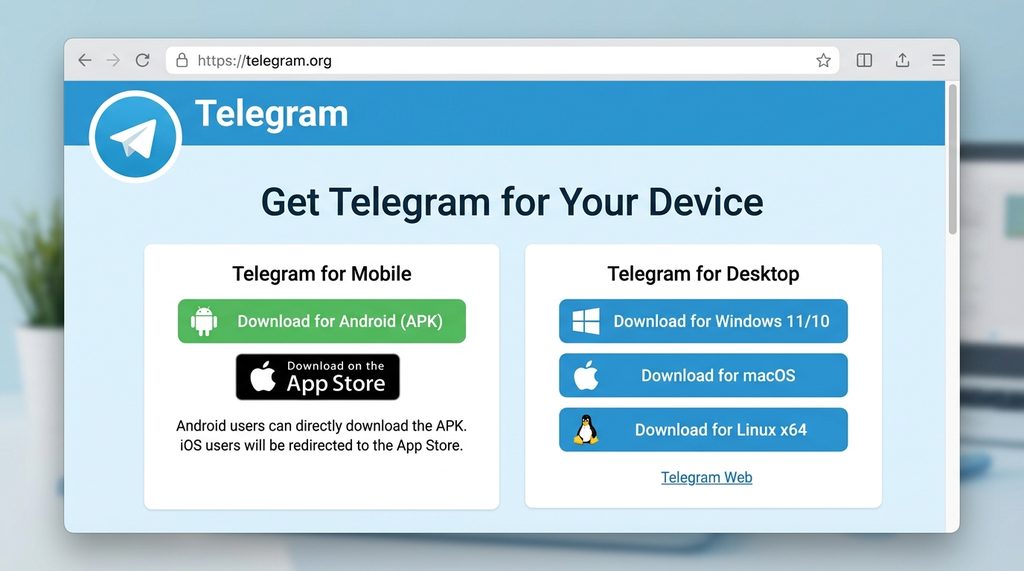 Telegram 官网下载页面截图，显示不同操作系统的图标和下载按钮，界面简洁且带有官方蓝色 Log