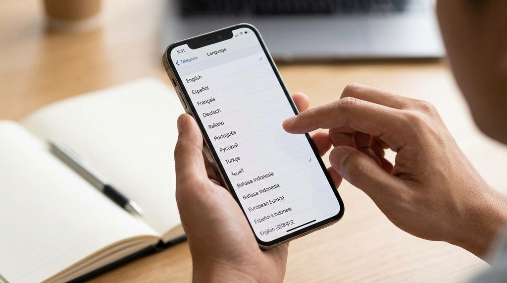 一位用户正在手机上操作 Telegram 语言设置界面的特写,屏幕显示多种语言列表但无中文