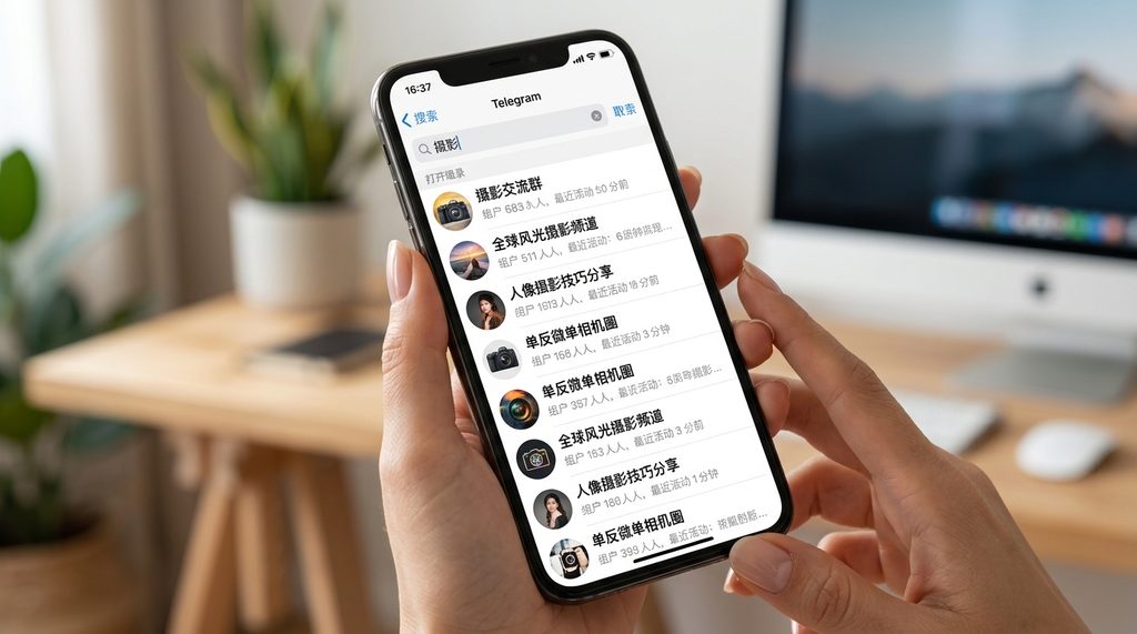 用户在 Telegram 手机端搜索栏输入关键词的界面截图,搜索结果显示多个相关的公开群组和频道列表