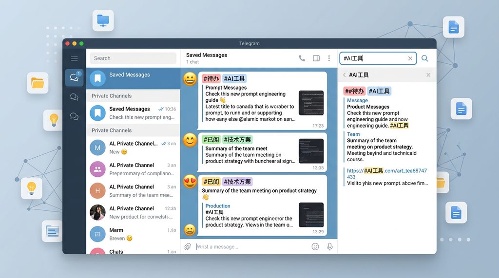 展示 Telegram 收藏夹内，多条消息带有醒目的 emoji 标签及搜索关键词后的界面截图