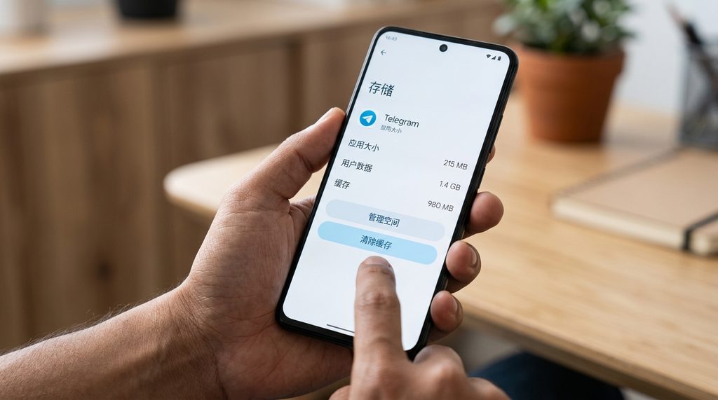 用户手持手机在应用设置界面操作的特写，手指正准备点击清理缓存按钮