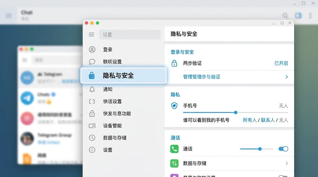 Telegram 软件内部设置界面，重点突出“隐私与安全”选项的点击效果，专业且易读的 UI 布局