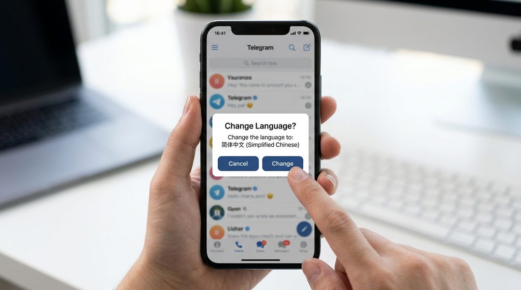 展示 Telegram 中文语言包安装弹窗的界面,用户手指正准备点击 Change 按钮