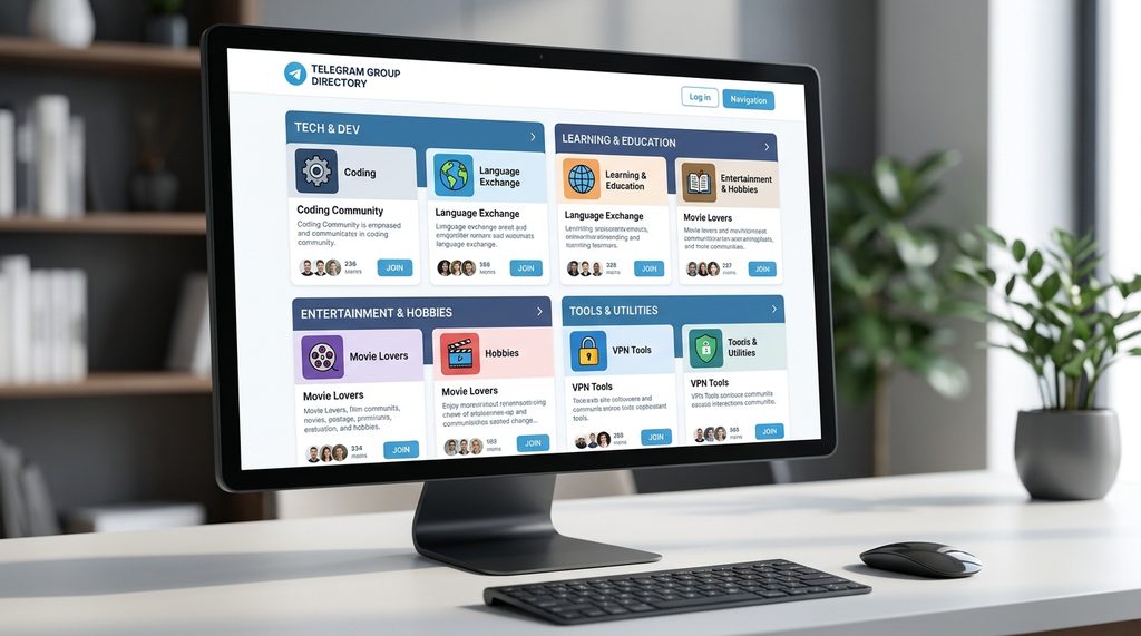 电脑浏览器打开 Telegram 群组导航网站的示意图,页面清晰展示不同类别的群组图标和介绍