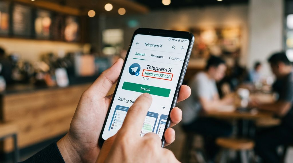 用户在手机上操作 Google Play 商店搜索并下载 Telegram X 的特写镜头，背景模糊
