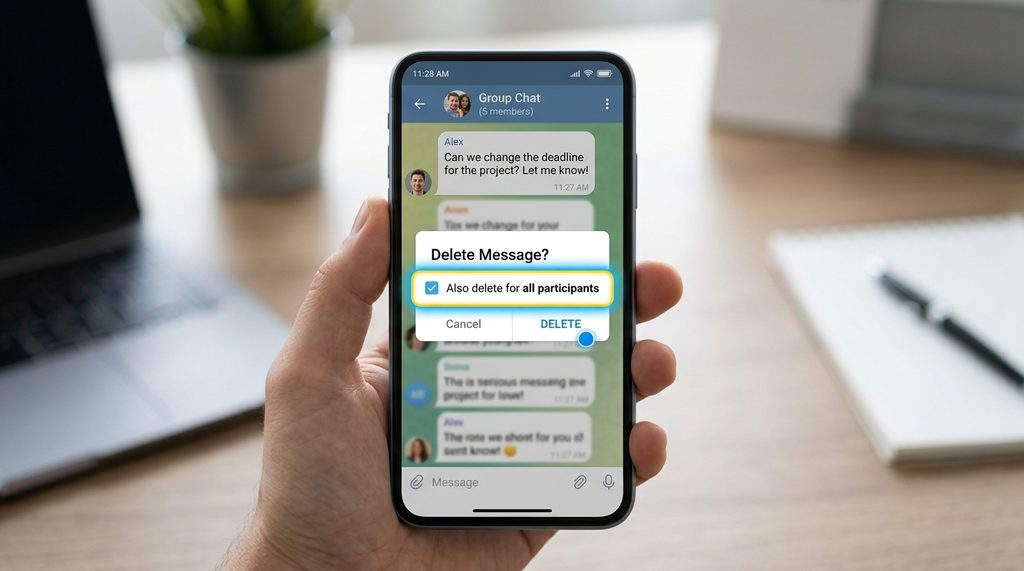 展示手机端Telegram长按消息后出现的删除选项,高亮显示“同时为对方删除”的勾选框,界面简洁清晰