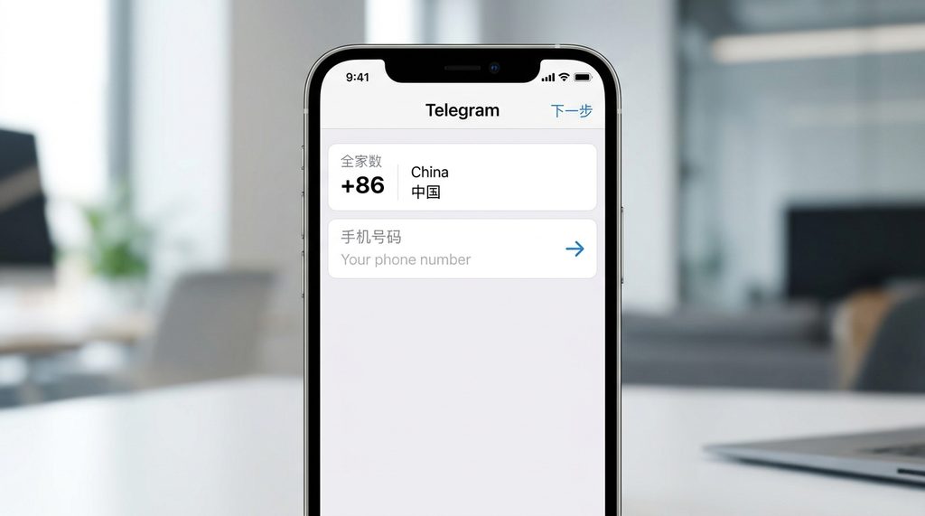 一个清晰的智能手机屏幕截图，显示Telegram登录界面，输入框上方清晰标有+86国家代码选择，界面