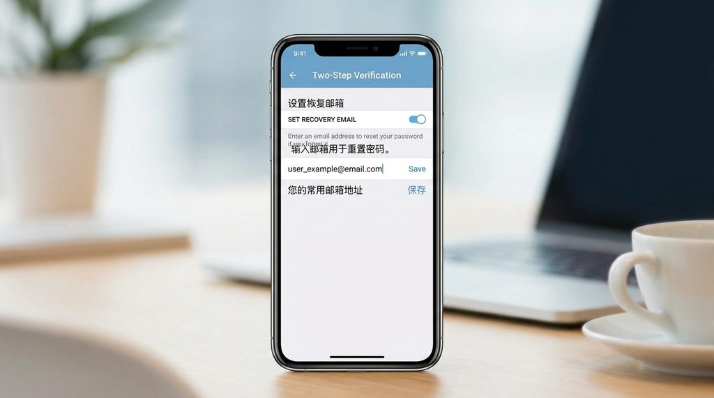 Telegram手机端设置界面，展示两步验证与邮箱绑定选项的截图，界面简洁直观
