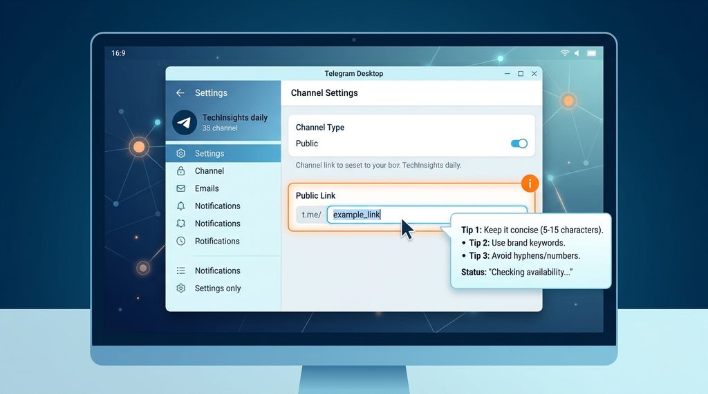 电脑屏幕上的Telegram设置界面，鼠标悬停在“Public Link”输入框上，旁边显示简洁的命