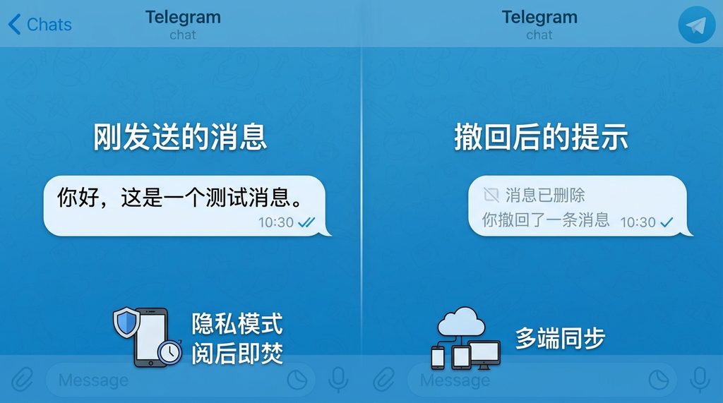 一张信息对比图,左侧显示刚发送的消息,右侧显示撤回后留下的“消息已删除”提示,背景为Telegram