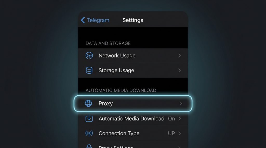 展示Telegram设置菜单中的“数据与存储”界面，高亮显示“代理”选项的入口，背景为简洁的深色模式