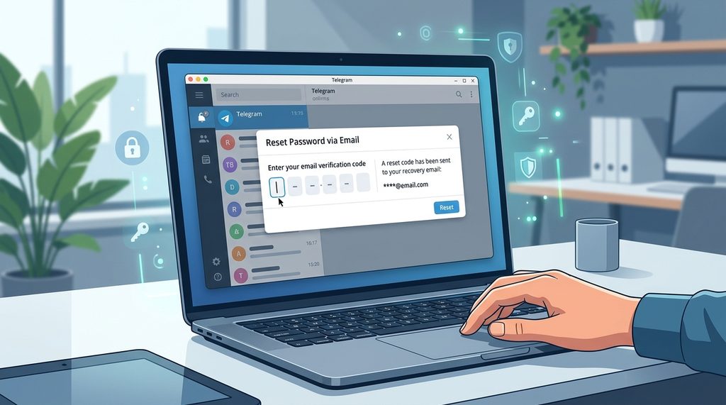 用户在电脑端操作Telegram，弹出邮箱验证码重置密码的对话框，光标聚焦在输入框