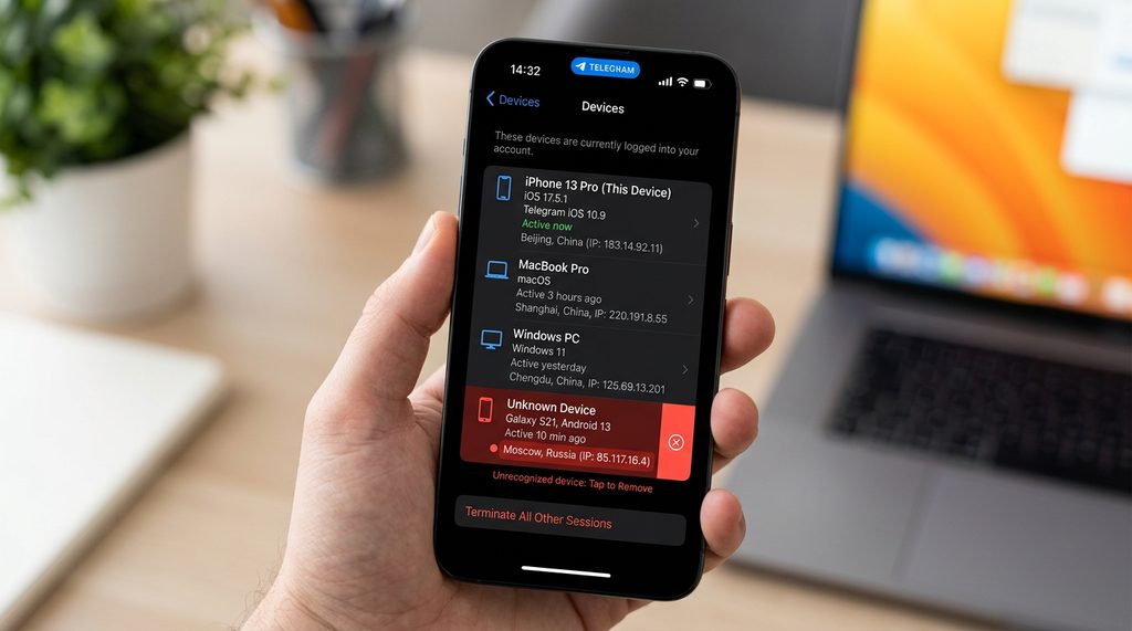 一个人的手机屏幕，显示 Telegram 的设备管理页面，列表里有几台不同型号的设备，其中一个被红色