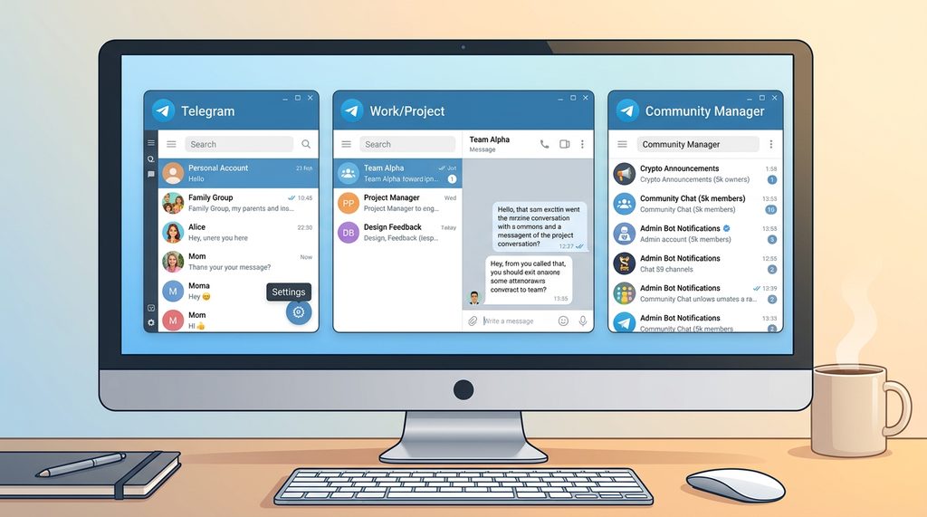 展示电脑屏幕上并排打开的三个Telegram桌面客户端窗口,每个窗口显示不同的联系人列表,简洁专业风