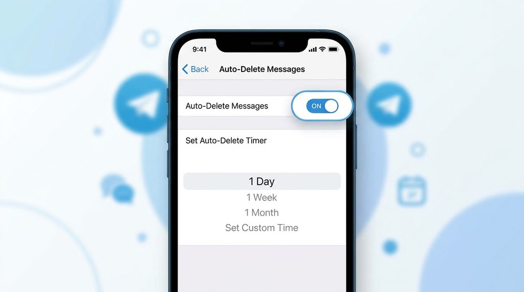 Telegram手机端设置菜单界面，展示自动删除消息的时间选项列表，突出显示“自动删除消息”开关位置