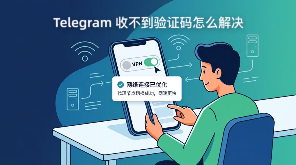 一张现代感简约风格的插画，展示用户在手机上切换 VPN 节点，屏幕显示网络连接优化成功的提示