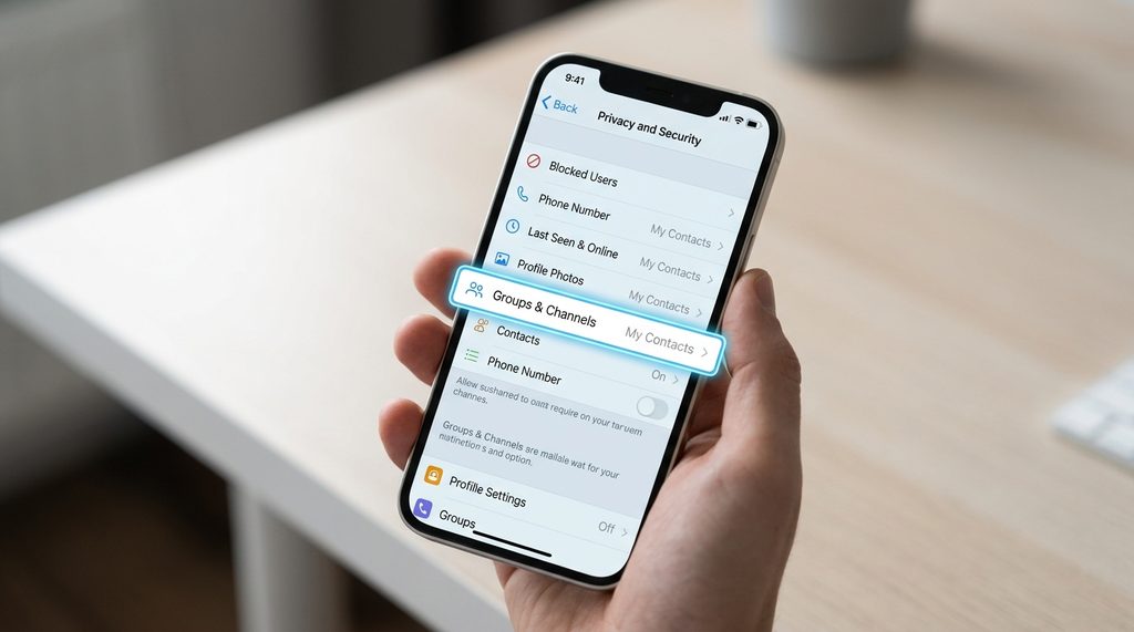 一个展示 Telegram 设置界面隐私与安全菜单的截图，突出显示群组与频道设置选项，风格简洁专业