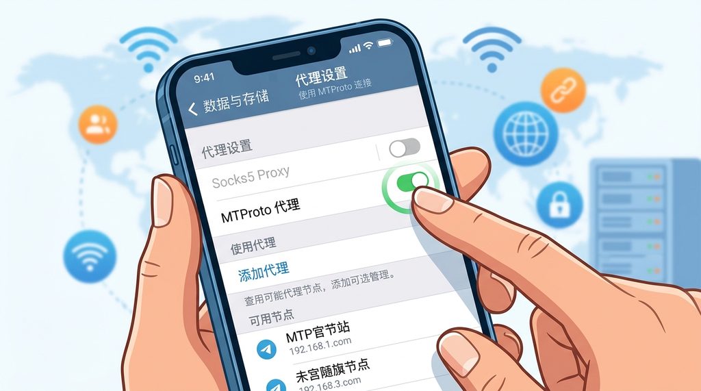 一个手机端的 Telegram 设置界面截图，手指正点击代理（Proxy）选项，界面清晰展示了 MT