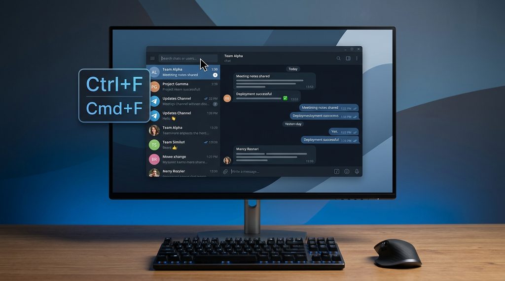 电脑桌面显示Telegram界面，光标正处于搜索栏，背景简洁专业，体现极客工作风格