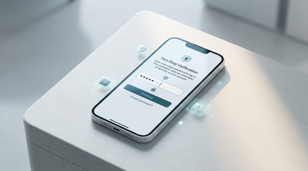 极简主义风格的智能手机，屏幕上显示输入二次验证密码的界面，光影柔和，突出安全性