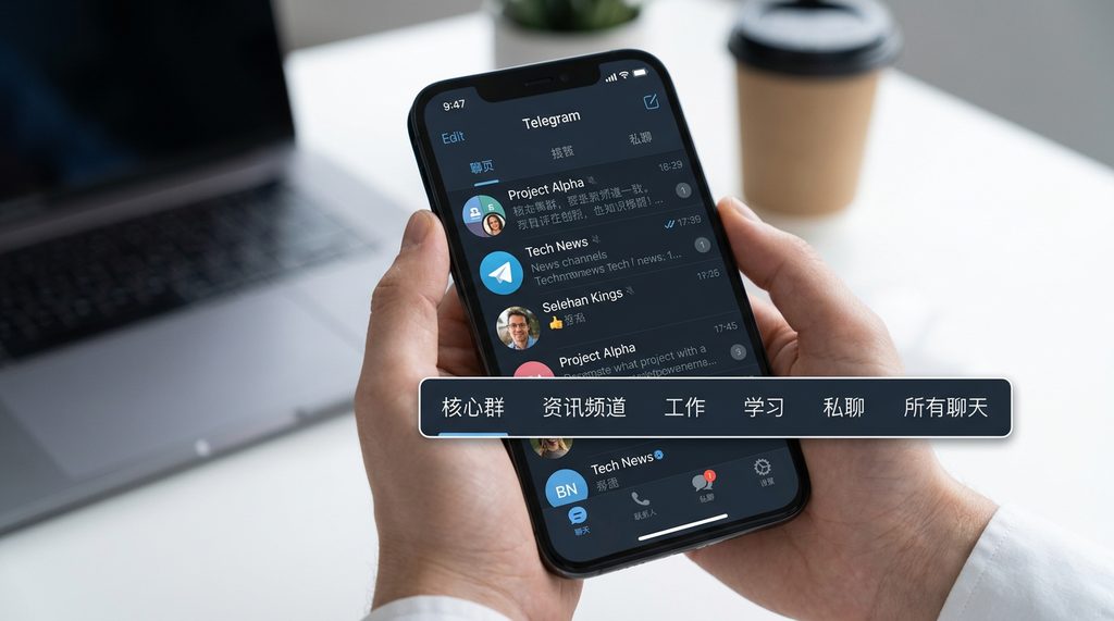 Telegram手机端界面,展示底部清晰的文件夹分类标签,如“工作”、“学习”、“频道”,界面干净整