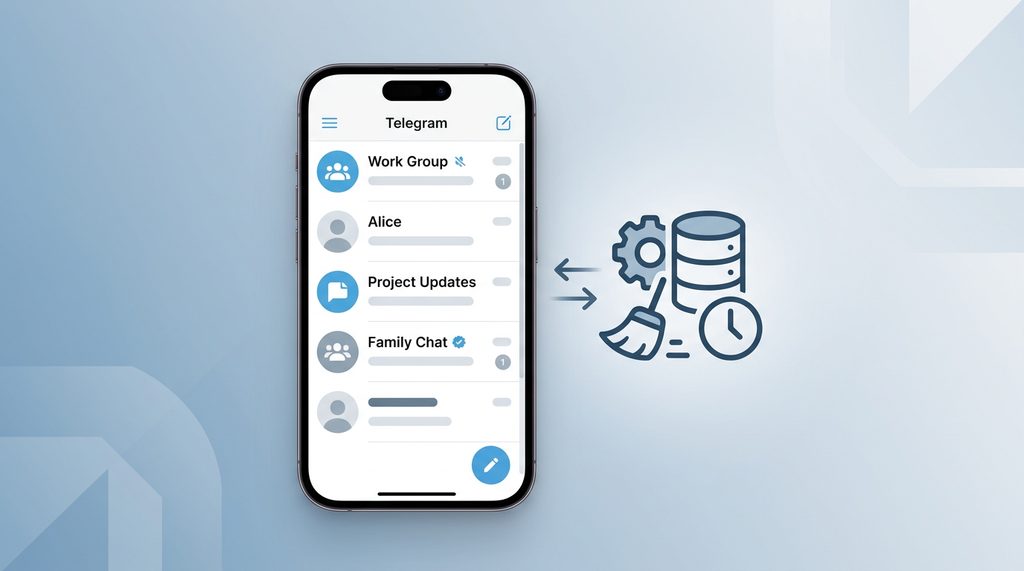 一个整洁的智能手机屏幕界面，显示Telegram聊天列表，旁边配有清理缓存的图标示意图，极简主义设计