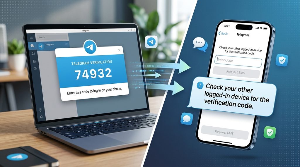 Telegram 桌面端与移动端同步登录的示意图，展示验证码在另一台设备上弹出的交互界面